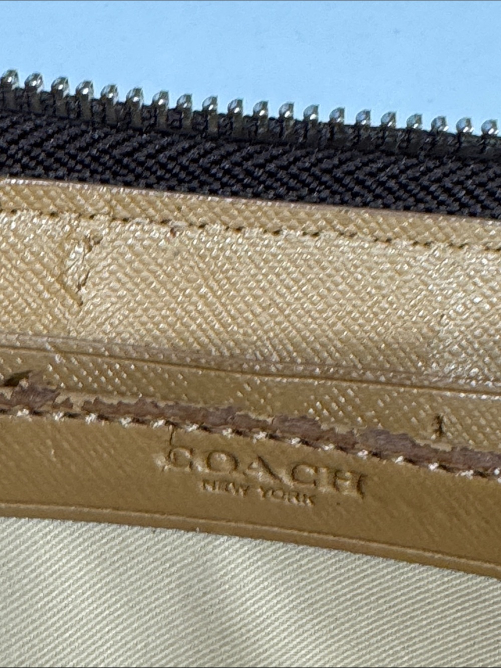 Coach Brown/Tan Signature Zip Wallet with Logo Plaque tags inside. - Picture 9 of 11